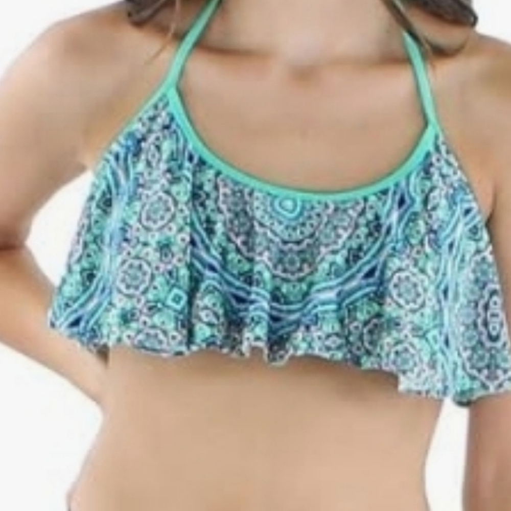 Jessica,Simpson Green and Blue Geometric Print Bandeau Bikini Top Size XL